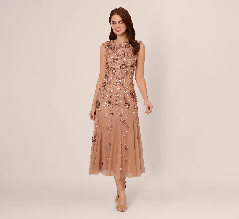 Stylish wedding guest dresses for a tropical-themed event -Floral Beaded Ankle Length Gown In Rose Gold