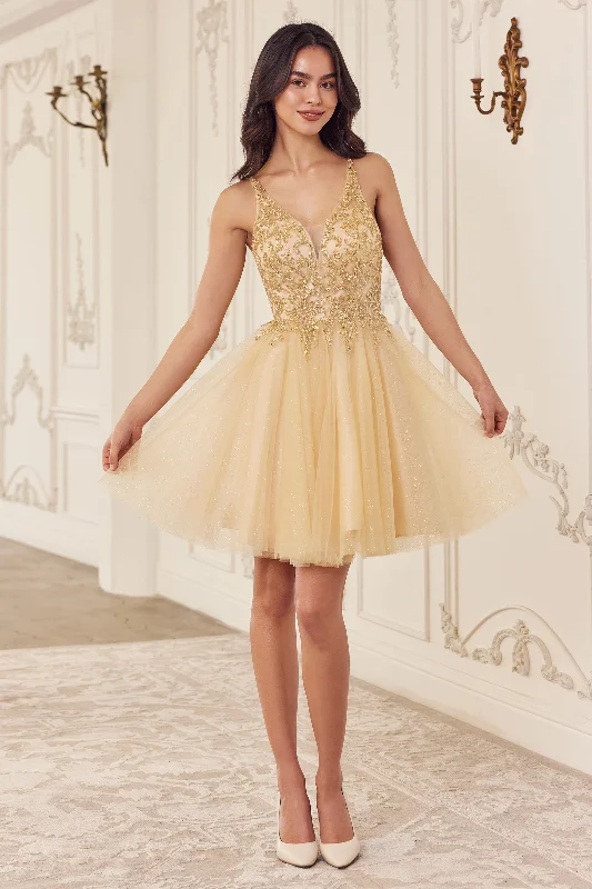 Designer party dresses for upscale fashion events -Beaded Short Sleeveless Glitter Tulle Dress by Ladivine CY022