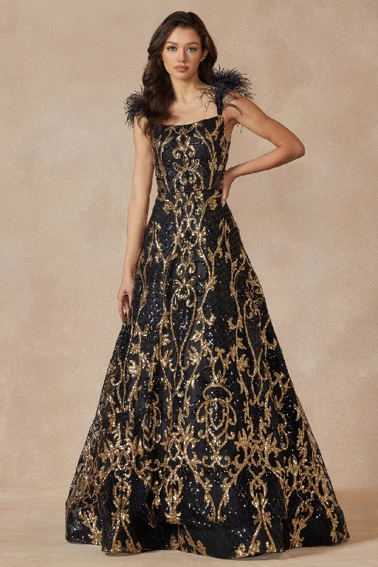 formal dresses for cocktail receptions with fitted bodices --Sequin Print Sleeveless Feather Gown by Juliet 297