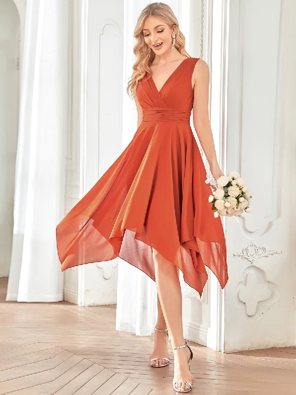Romantic satin dresses for date night parties -Pretty Wholesale Knee Length Chiffon Bridesmaid Dress with Irregular Hem