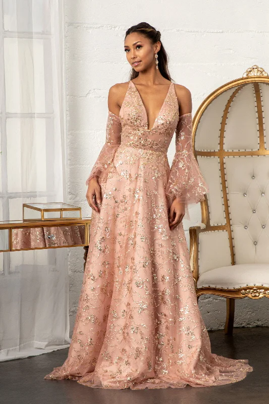 cocktail dresses with floral appliques for spring vibes --Glitter Print V-Neck Gown by Elizabeth K GL3002