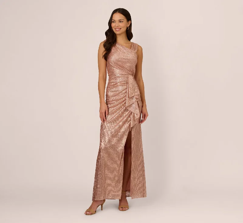 formal dresses with satin sashes for waist accentuation --Draped Metallic Foil Long Dress In Rose Gold