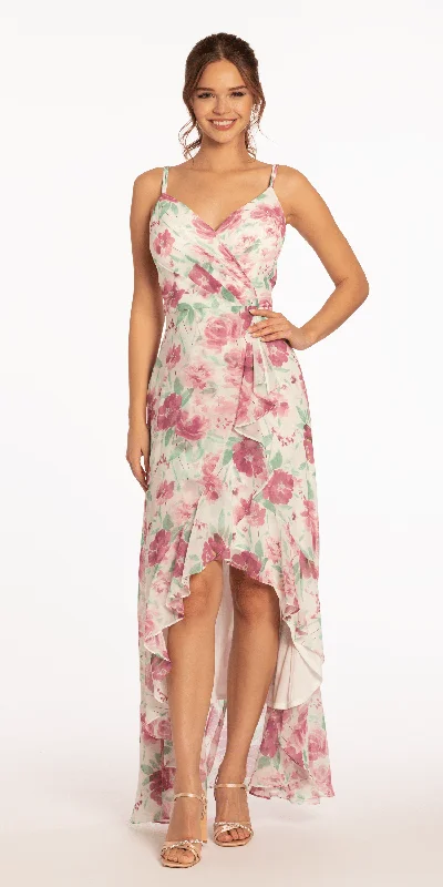 formal dresses with pleated skirts for graceful movement --Criss Cross Floral Chiffon High Low Dress