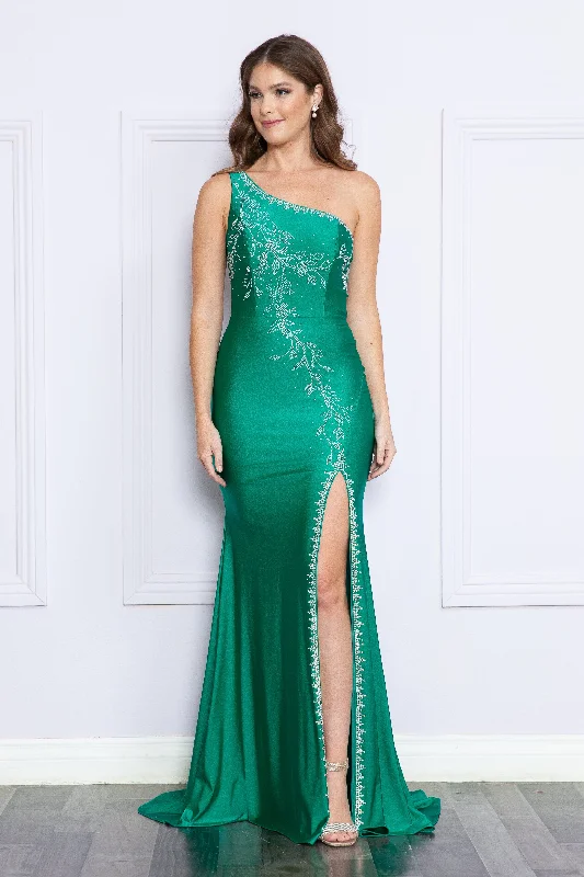 formal dresses for holiday parties in jewel tones --Fitted Embroidered One Shoulder Gown by Poly USA 9136