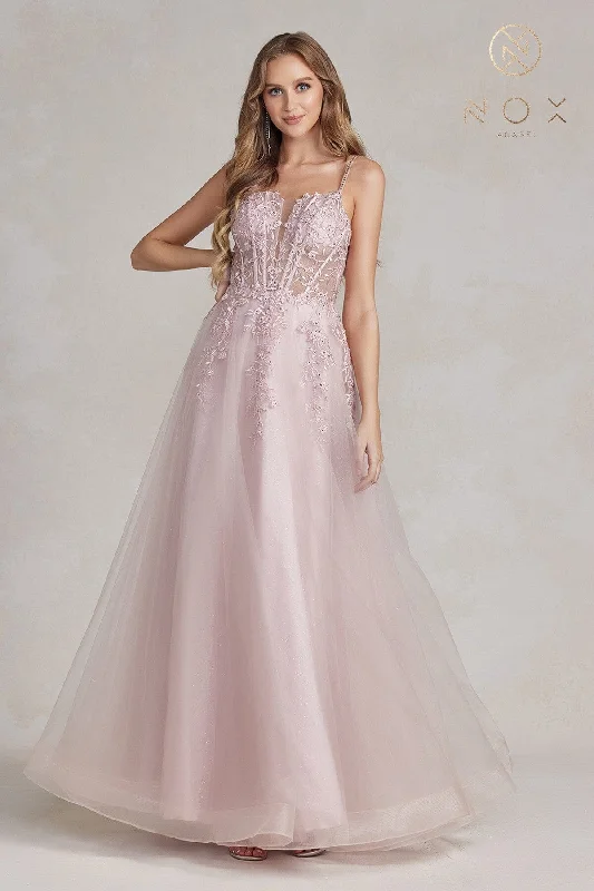 Short and sweet wedding guest dresses for casual occasions -Floral Applique Tulle Gown by Nox Anabel T449