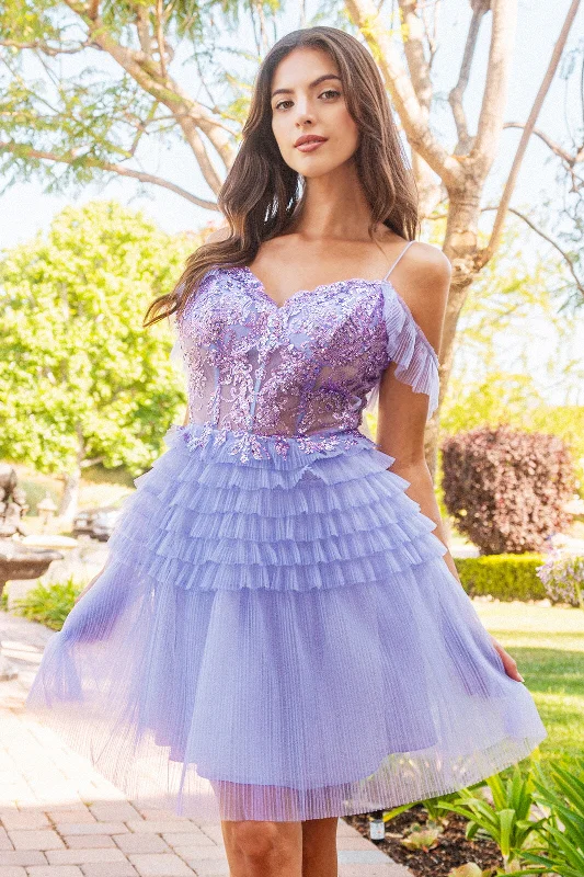 Graduation dresses with sleeves for a modest look -Short Off Shoulder Tiered Dress by Elizabeth K GS3511