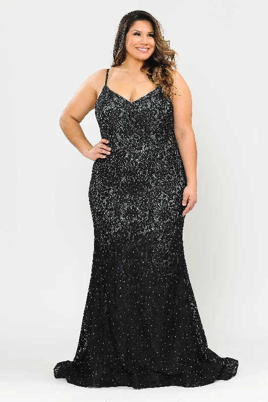 Elegant wedding guest dresses with delicate lace detailing -Plus Size Long Floral Lace V-Neck Dress by Poly USA W1090