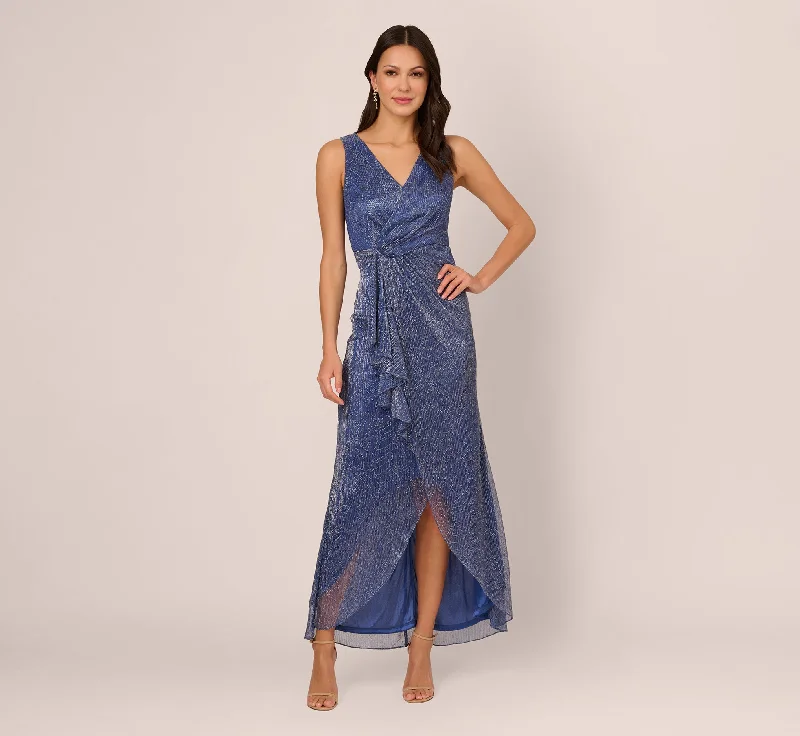 formal dresses for women with disabilities featuring magnetic closures --Metallic Mesh Faux Wrap Gown With Ruffle Accents In Light Navy