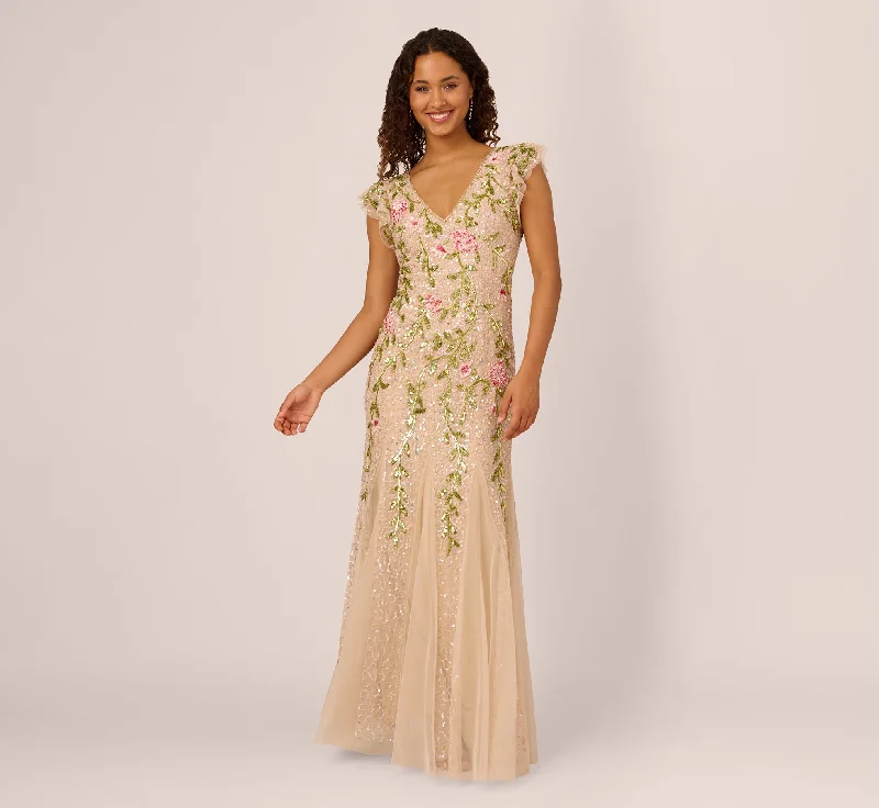 formal dresses with built-in bras for added support --Floral Beaded Mermaid Gown With Flutter Cap Sleeves In Light Champagne