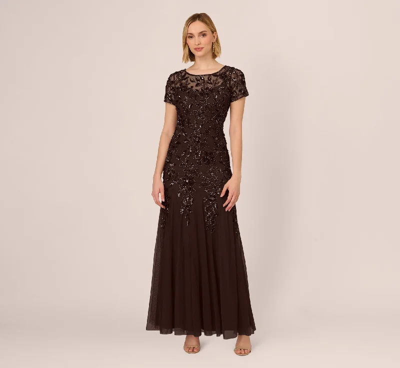 formal dresses with built-in LED lights for evening parties --Hand Beaded Short Sleeve Floral Godet Gown In Chocolate