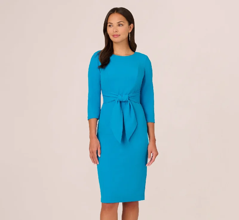 Spring dresses with floral embroidery for added texture -Knit Crepe Bow Sheath Dress With Three Quarter Sleeves In Blue Coast