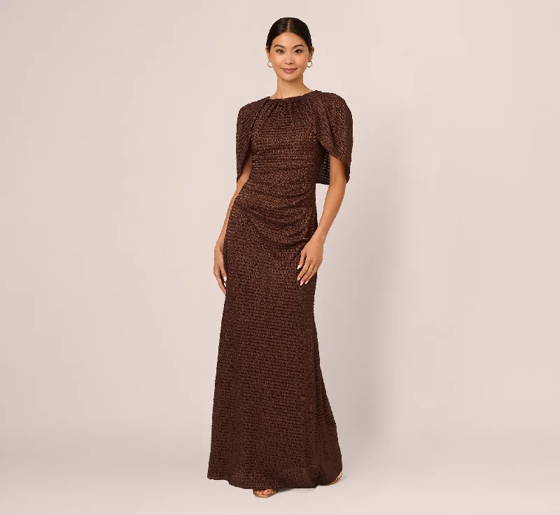 plus size formal dresses with ruching and flare skirts --Pleated Metallic Cape Gown In Bronze
