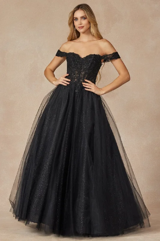 Bold wedding guest dresses in jewel tones for evening weddings -Embroidered Off Shoulder Tulle Gown by Juliet 280