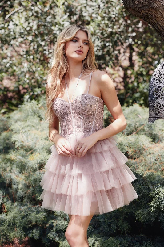 Modern graduation dresses for students looking for contemporary options -Applique Short Sleeveless Tiered Dress by Juliet JT923S