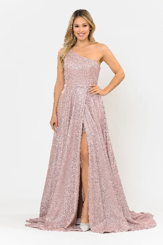 cocktail dresses with open backs for summer events --Long Metallic Glitter One Shoulder Dress by Poly USA 8430