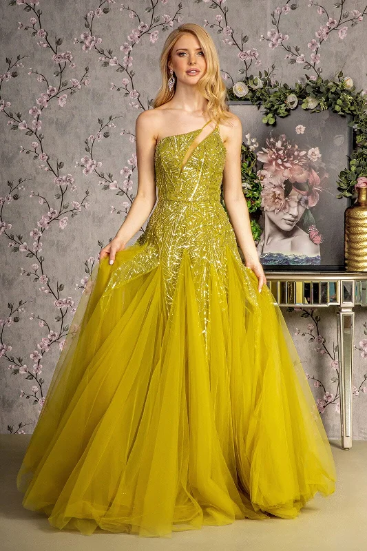 formal dresses with detachable capes for dramatic effect --Beaded One Shoulder A-line Ball Gown by GLS Gloria GL3281