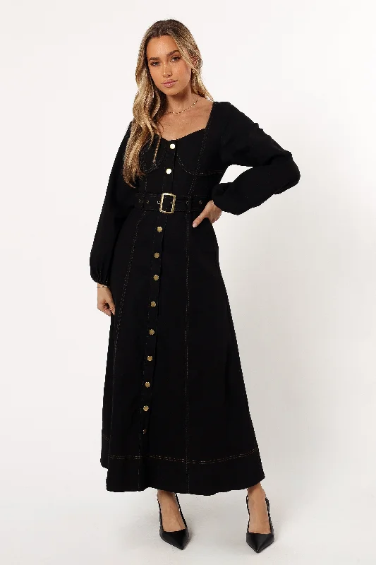 cocktail dresses with floral appliques for feminine charm --Mateo Long Sleeve Denim Dress - Black