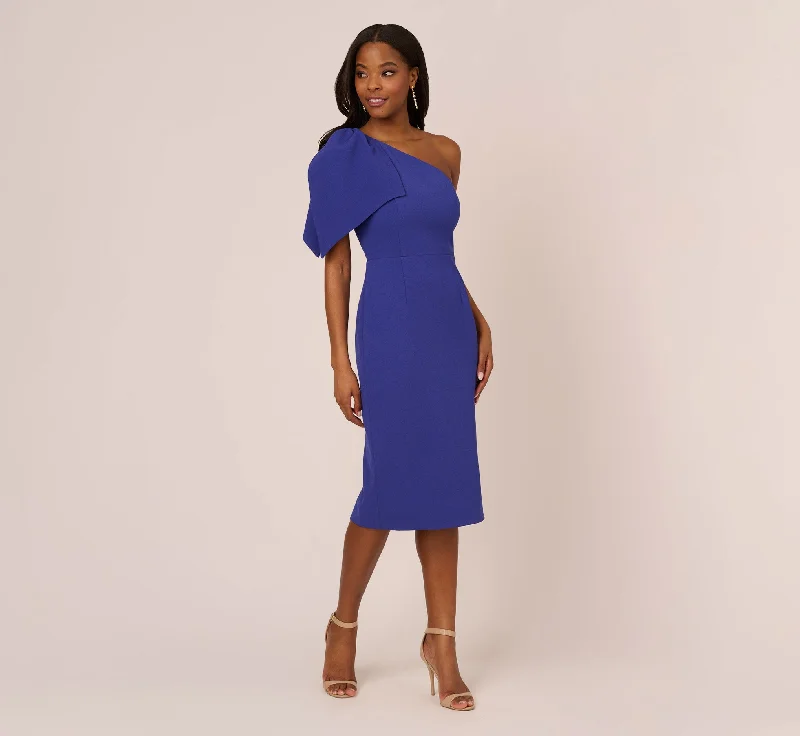Stylish spring dresses for fashion-forward bridesmaids -One Shoulder Midi Dress With Bow Accent In Disco Indigo