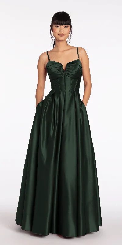formal dresses for prom with tulle skirts and corset tops --Sweetheart Pleated Satin Corset Ballgown with Pockets