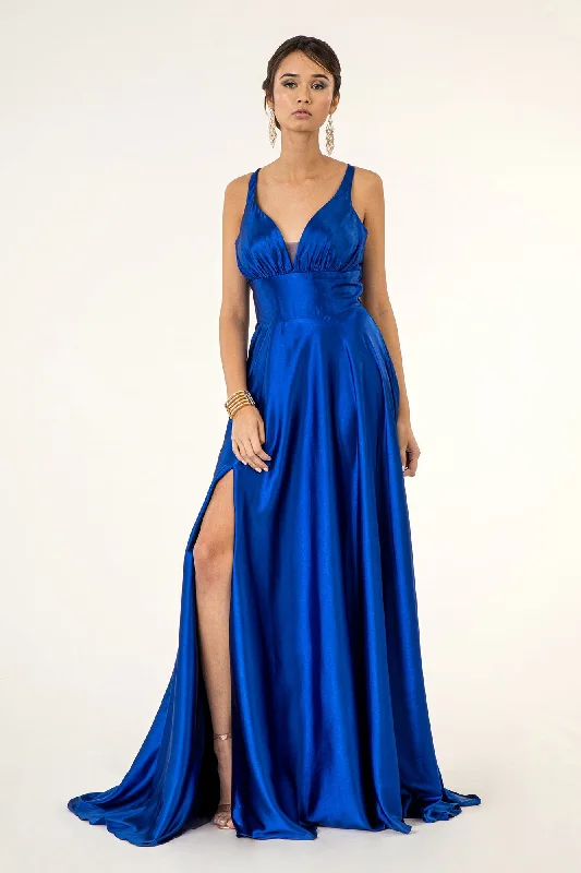 bridesmaid dresses with off-shoulder sleeves for beach weddings --Long Satin V-Neck Dress by Elizabeth K GL2963