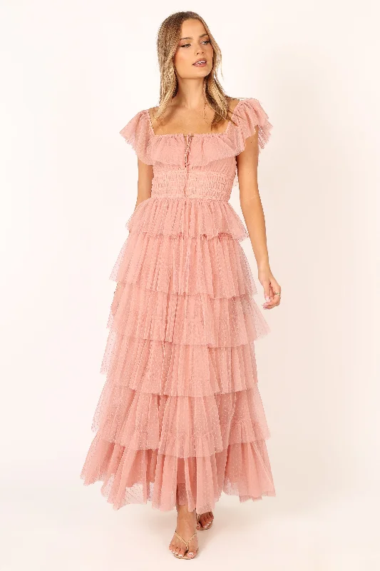 formal dresses for bridesmaids in matching pastel colors --Belle Maxi Dress - Blush