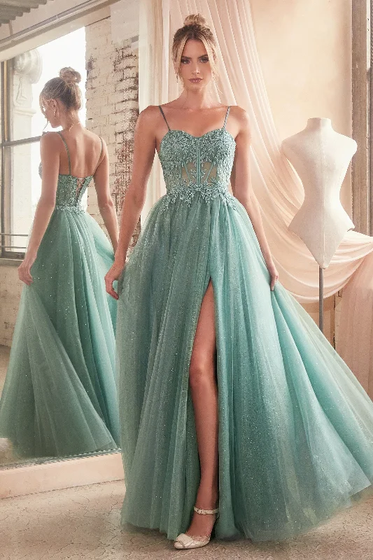 cocktail dresses with sweetheart necklines for romantic looks --Embroidered Sleeveless Corset Slit Tulle Gown by Ladivine C150
