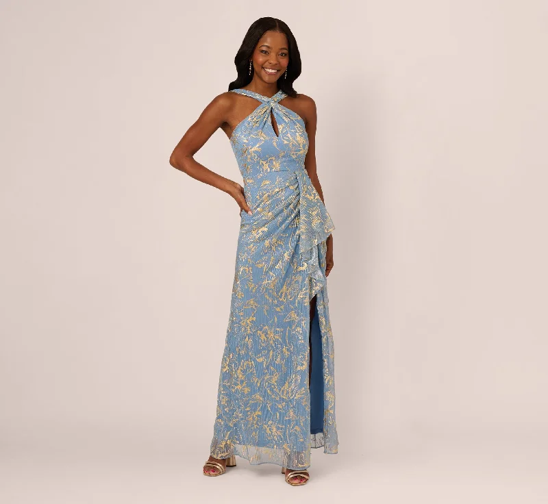 formal dresses for cruise dinners with wrinkle-resistant fabric --Metallic Crinkle Keyhole Halter Gown In Light Blue Gold