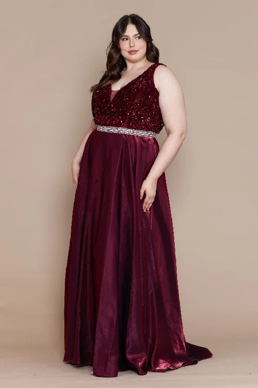 Stylish wedding guest dresses for daytime cocktail receptions -Plus Size Long Sequin Bodice Satin Dress by Poly USA W1006