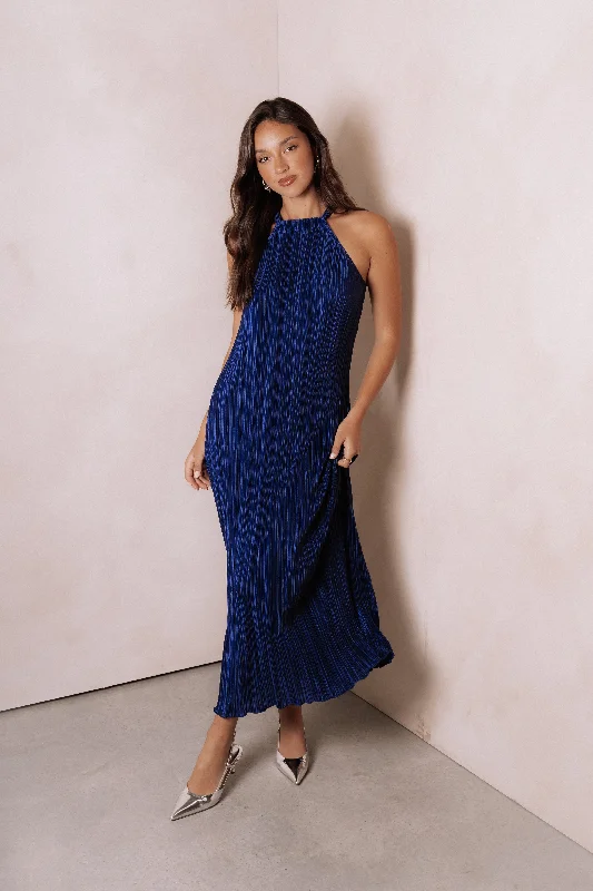cocktail dresses with adjustable straps for comfortable fit --Melody Plisse Halter Maxi Dress - Navy