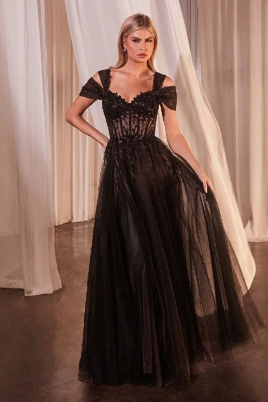 sleeveless cocktail dresses in satin fabric for summer nights --Applique Cold Shoulder A-line Gown by Ladivine CD0237