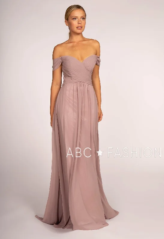 Trendy wedding guest dresses in earth tones for autumn weddings -Pleated Long Off Shoulder Chiffon Dress by Elizabeth K GL2550