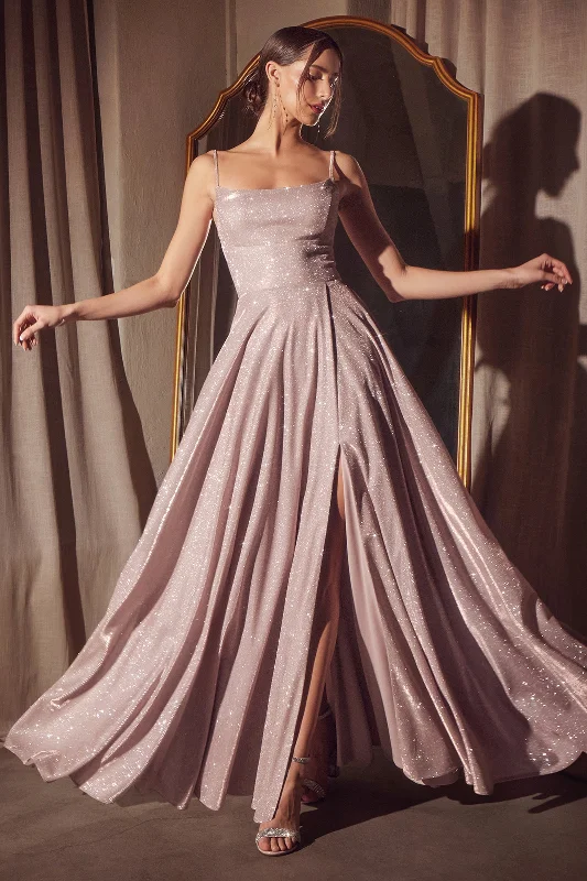 cocktail dresses with asymmetrical hemlines for unique style --Glitter Sleeveless A-line Slit Gown by Ladivine T213