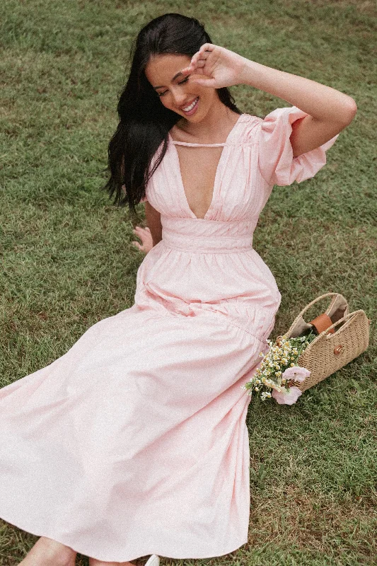bridesmaid dresses with lace sleeves for classic charm --Joedy Puff Sleeve Midi Dress - Pale Pink