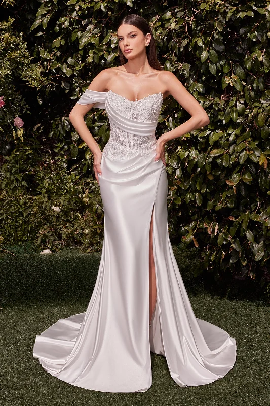 formal dresses for destination weddings with breathable fabrics --Applique Satin White Off Shoulder Gown by Ladivine CD804W