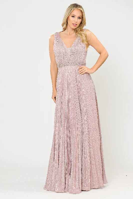 Wedding guest dresses that transition from day to night effortlessly -Long A-line Ruched Metallic Glitter Dress by Poly USA 8600