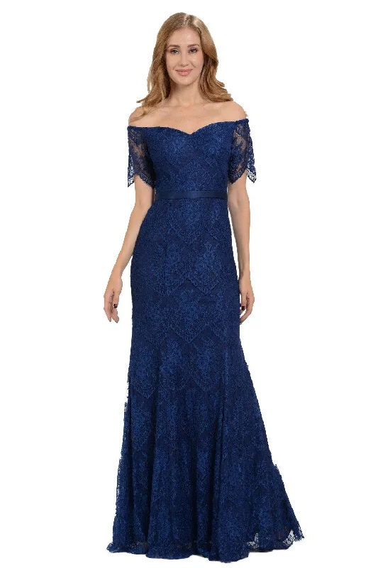 Budget-friendly but chic wedding guest dresses -Fitted Long Off Shoulder Lace Dress by Poly USA 8030