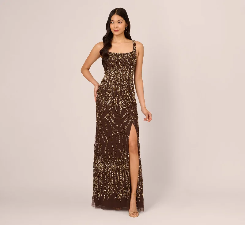 formal dresses for plus size women with V-necklines --Sleeveless Beaded Mermaid Gown With Square Neckline In Chocolate