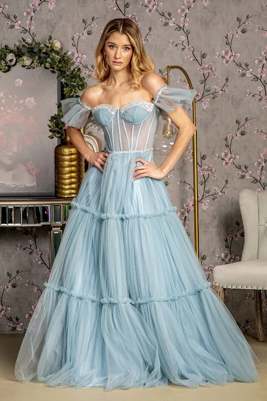 cocktail dresses with velvet finishes for winter warmth --Off Shoulder Sheer Corset Tiered Gown by GLS Gloria GL3453