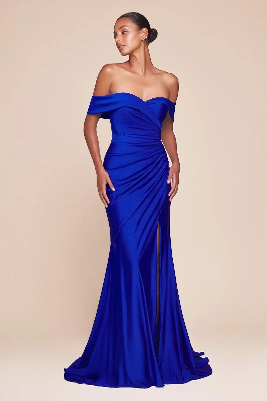 bridesmaid dresses with floral prints for garden weddings --Satin Fitted Off Shoulder Slit Gown by Ladivine CD790 - Outlet