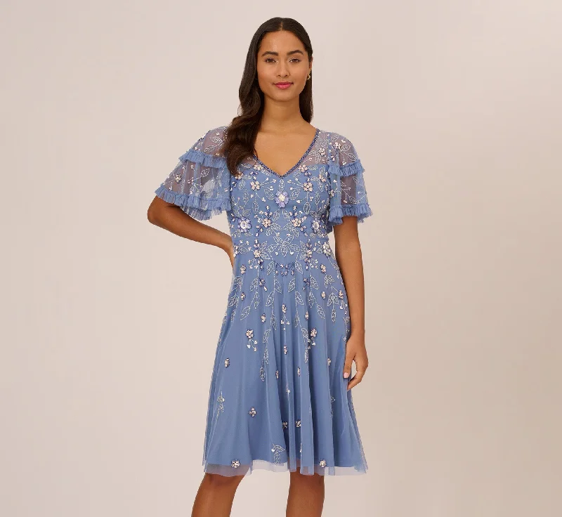 Long sleeve wedding guest dresses for cooler weather -Beaded Midi Dress With Sheer Ruffled Sleeves In French Blue