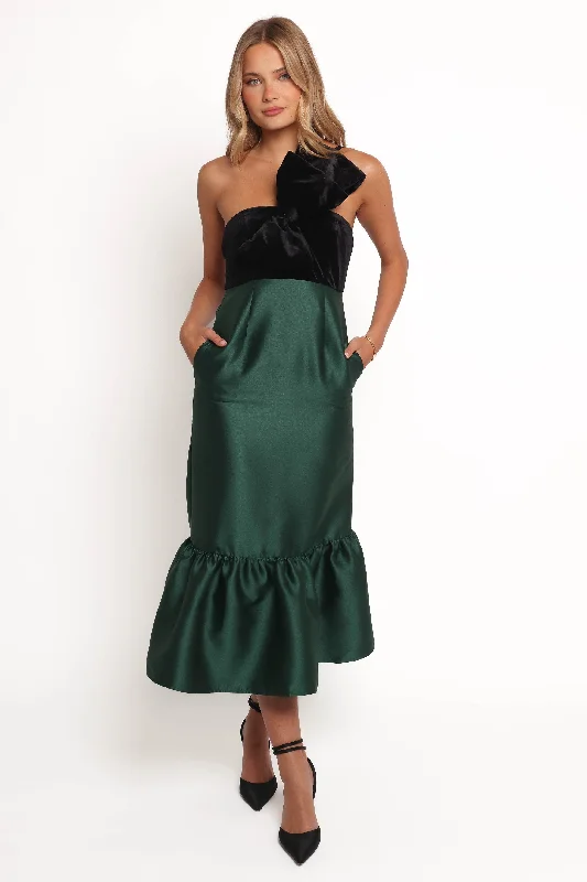 cocktail dresses with velvet bodices for winter glam --Amelie Bow Front One Shoulder Midi Dress - Black/Emerald