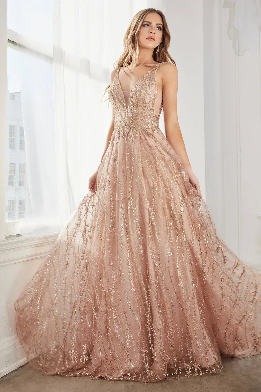 cocktail dresses with satin bows for elegant touch --Long A-line Glitter Lace Dress by Cinderella Divine C32