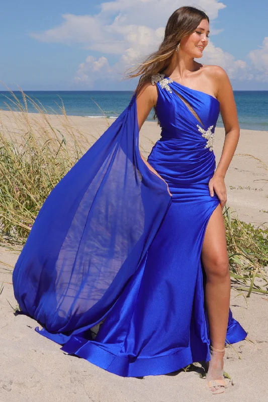 Wedding guest dresses with ruffles for a playful look -One Shoulder Cape Slit Gown by Amelia Couture 7056