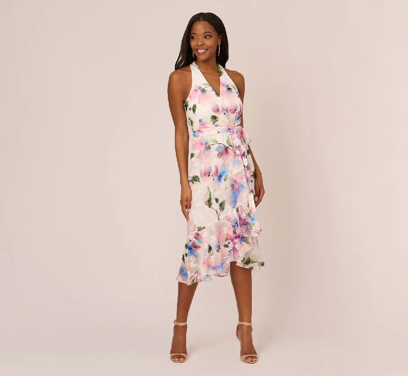 Affordable spring dresses for date nights under $50 -Floral Printed Chiffon Halter Dress With Self Tie Waist In Ivory Pink Multi