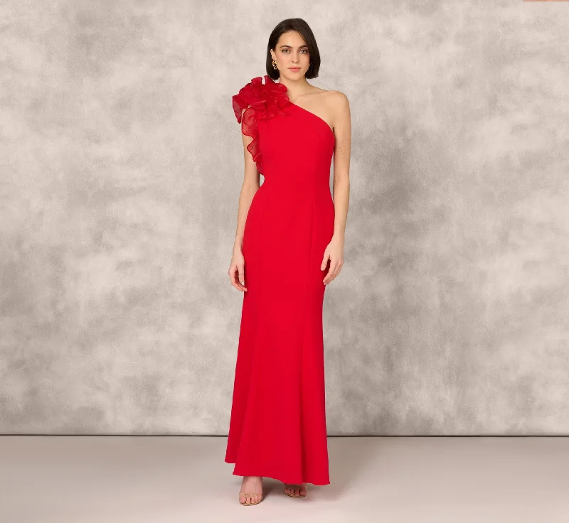 formal dresses with floral appliques for romantic looks --One Shoulder Mermaid Dress With Organza Sleeve In Red