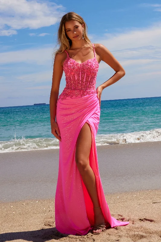 cocktail dresses with embroidered sleeves for elegance --Applique Satin V-Neck Slit Gown by Nox Anabel H1670
