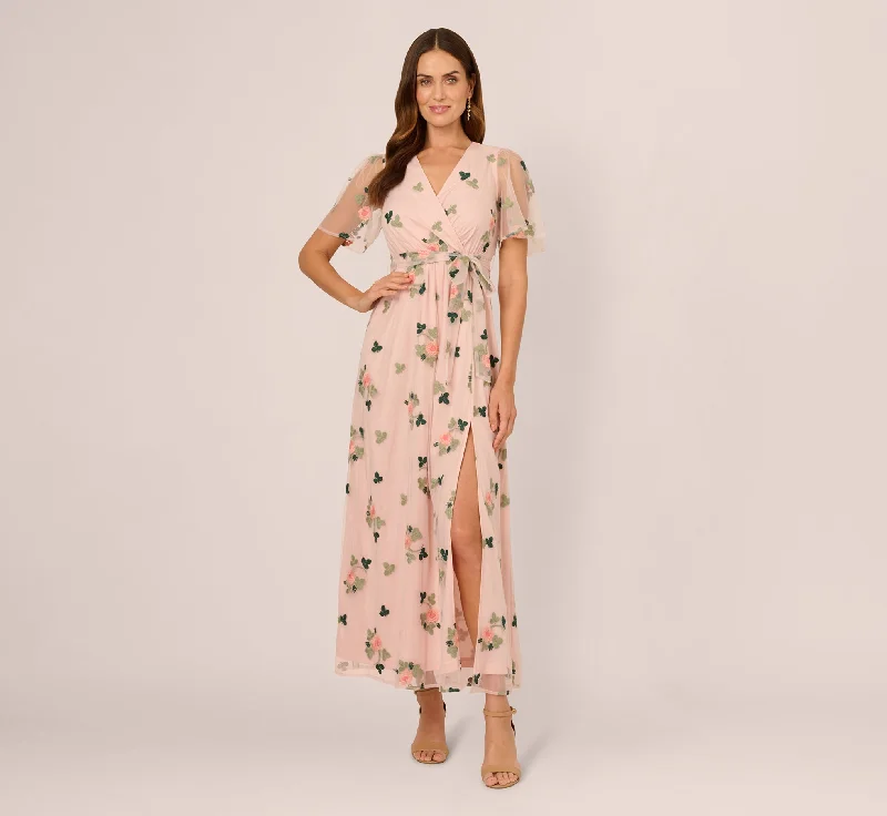 Wedding guest dresses that match well with a floral crown -Floral Embroidered Maxi Dress With Sheer Flutter Sleeves In Blush Multi
