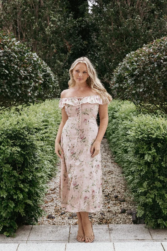 Stylish dresses for fancy dinner parties -Lauryn Off The Shoulder Midi Dress - Blush Rose