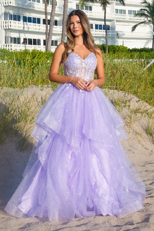 cocktail dresses with off-shoulder ruffles for feminine flair --Sleeveless A-line Layered Gown by Amelia Couture 5068
