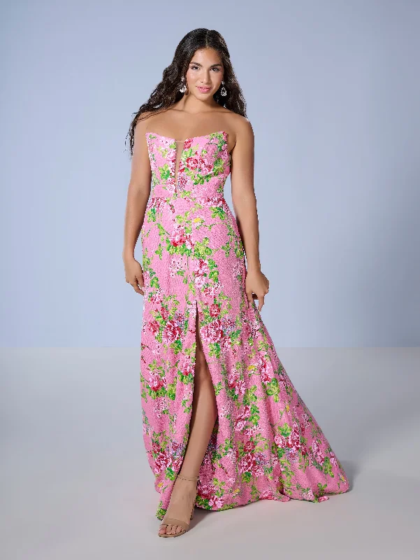 formal dresses with detachable capes for dramatic effect --Floral Print Strapless Slit Gown by Tiffany Designs 16143